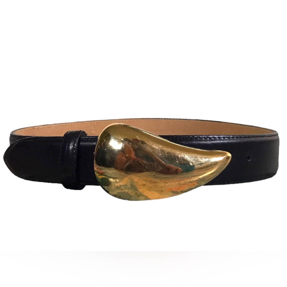 Womens Small Vintage Avignon Black Leather Belt Large Gold Statement Buckle